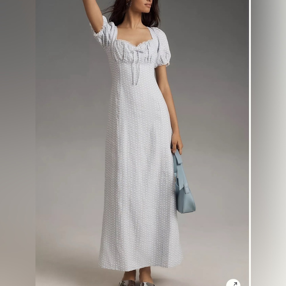Reformation Cherise Linen Dress White Blue Floral Puff Sleeve Cottagecore Sz 10